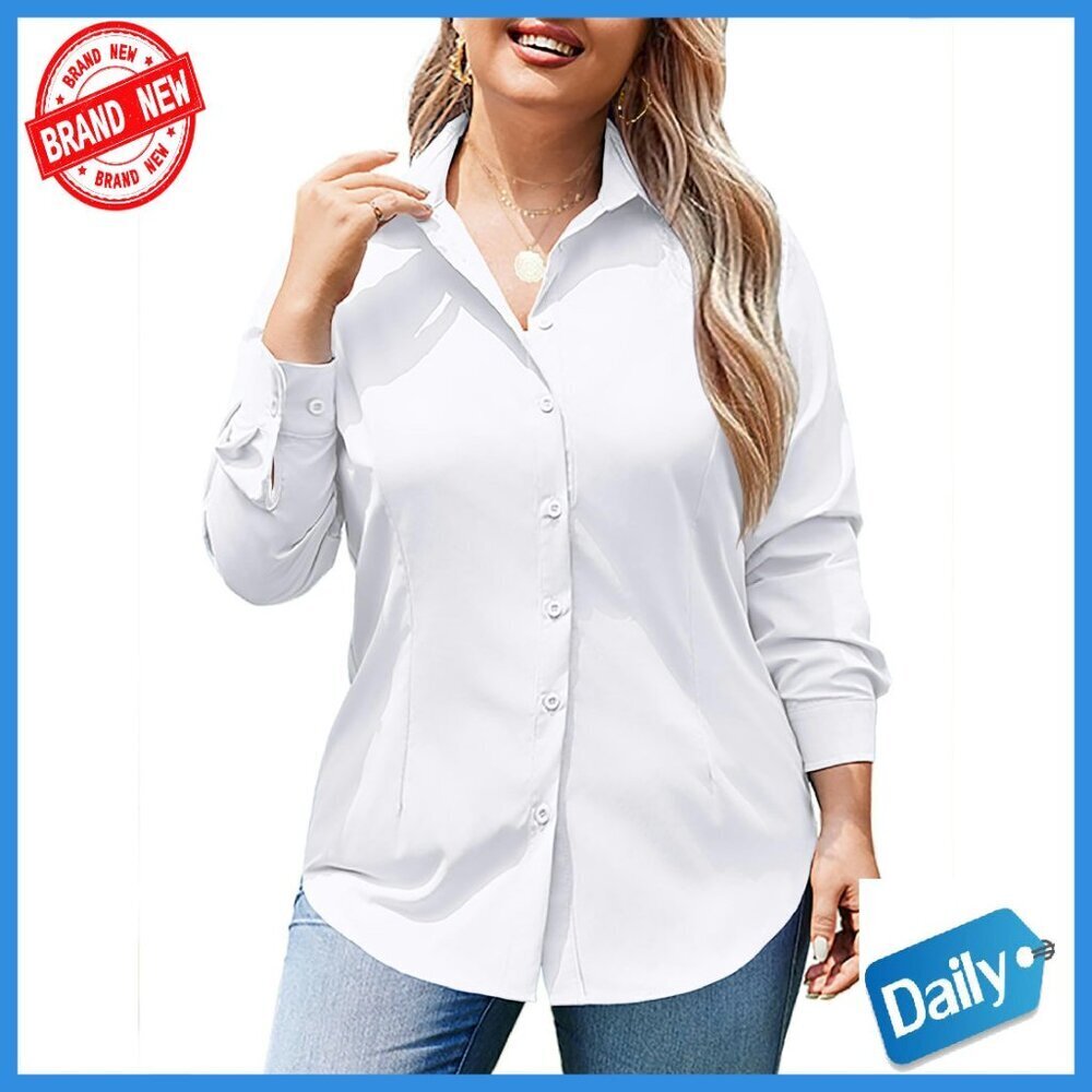 Plus Size Long Sleeve Button Down Shirt Office Blouse Wrinkle Free